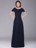 Brautmutterkleider A-Linie- Abendkleider für Hochzeit Dunkelmarineblau Günstige Abendkleider Chiffon mit Bateau-Kragen Hochzeit bodenlang Kurzarm