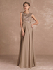 Brautmutterkleider A-Linie- Abendkleider für Hochzeit Graubraun Abendkleider Chiffon mit Rundkragen Hochzeit bodenlang ärmellos