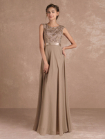 Brautmutterkleider A-Linie- Abendkleider für Hochzeit Graubraun Abendkleider Chiffon mit Rundkragen Hochzeit bodenlang ärmellos