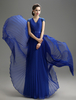 Brautmutterkleider A-Linie- Abendkleider für Hochzeit Königsblau Chiffon V-Ausschnitt Hochzeit bodenlang Kurzarm mit Reißverschluss