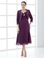 Brautmutterkleider A-Linie- Abendkleider für Hochzeit Pflaume Kleider für Hochzeitsgäste Chiffon Herz-Ausschnitt Hochzeit wadenlang 3/4 Ärmel