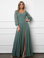 Brautmutterkleider A-Linie- Abendkleider für Hochzeit Salbeigrün Chiffon Herz-Ausschnitt Hochzeit bodenlang Langarm