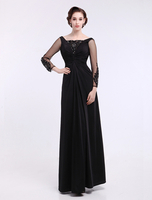 Brautmutterkleider A-Linie- Abendkleider für Hochzeit Schwarz Polyester bodenlang Hochzeit Langarm