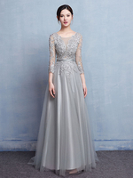 Brautmutterkleider A-Linie- Abendkleider für Hochzeit Selber Abendkleider Tüll mit Rundkragen Hochzeit und Court-Schleppe 3/4 Ärmel und Schnürung