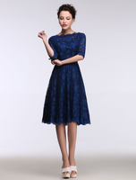 Brautmutterkleider A-Linie- Abendkleider für Hochzeit Spitze Ballkleider Dazzling Blau Hochzeit 1/2 Ärmel mit Bateau-Kragen knielang