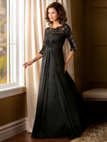 Brautmutterkleider A-Linie- Abendkleider für Hochzeit Spitze Schwarz 3/4 Ärmel Hochzeit mit Rundkragen bodenlang bodenlang und Reißverschluss