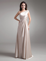 Brautmutterkleider A-Linie- Abendkleider für Hochzeit Stretch Satin Kleider für Hochzeitsgäste Champagner ärmellos Einschulter bodenlang