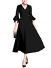 Brautmutterkleider A-Linie- Abendkleider für Hochzeit Stretch Satin Schwarz 1/2 Ärmel Hochzeit V-Ausschnitt wadenlang mit Reißverschluss und Rüschen