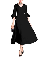 Brautmutterkleider A-Linie- Abendkleider für Hochzeit Stretch Satin Schwarz 1/2 Ärmel Hochzeit V-Ausschnitt wadenlang mit Reißverschluss und Rüschen