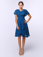 Brautmutterkleider A-Linie- Abendkleider für Hochzeit Tintenblau Günstige Abendkleider Chiffon V-Ausschnitt Hochzeit knielang Kurzarm