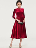 Brautmutterkleider A-Linie- Abendkleider für Hochzeit Velours Rot 3/4 Ärmel Hochzeit mit Rundkragen wadenlang und Reißverschluss und Gürtel