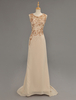 Brautmutterkleider Etui- Abendkleider für Hochzeit Champagner Chiffon mit Rundkragen Hochzeit und Court-Schleppe ärmellos