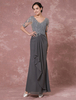 Brautmutterkleider Etui- Abendkleider für Hochzeit Chiffon Abendkleider Grau Hochzeit 1/2 Ärmel V-Ausschnitt bodenlang mit Reißverschluss und Falten