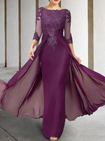 Brautmutterkleider Etui- Abendkleider für Hochzeit Chiffon Champagner 3/4 Ärmel mit Bateau-Kragen bodenlang und Reißverschluss