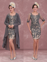 Brautmutterkleider Etui- Abendkleider für Hochzeit Chiffon Kleider für Hochzeitsgäste Grau Langarm V-Ausschnitt knielang mit Reißverschluss