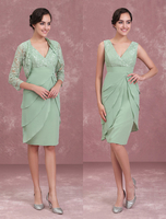 Brautmutterkleider Etui- Abendkleider für Hochzeit Chiffon Kleider für Hochzeitsgäste Salbeigrün 3/4 Ärmel V-Ausschnitt knielang