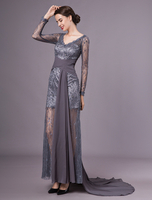 Brautmutterkleider Etui- Abendkleider für Hochzeit Grau Abendkleider mit Spitze Chiffon V-Ausschnitt Hochzeit mit Court-Schleppe Langarm