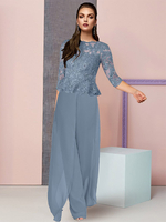 Brautmutterkleider Etui- Abendkleider für Hochzeit Graublau Chiffon mit Rundkragen Hochzeit bodenlang 3/4 Ärmel und Reißverschluss