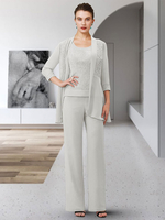 Brautmutterkleider Etui- Abendkleider für Hochzeit Hellgrau Chiffon mit Rundkragen Hochzeit bodenlang 3/4 Ärmel und Reißverschluss bodenlang