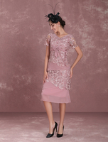 Brautmutterkleider Etui- Abendkleider für Hochzeit Kamee Rosa Kleider für Hochzeitsgäste Chiffon V-Ausschnitt Hochzeit wadenlang Kurzarm