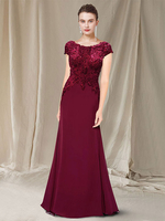 Brautmutterkleider Etui- Abendkleider für Hochzeit Kastanienbraun Chiffon mit Rundkragen Hochzeit bodenlang Kurzarm und Reißverschluss bodenlang