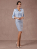 Brautmutterkleider Etui- Abendkleider für Hochzeit Pastellblau Cocktailkleider Spitze Designender Ausschnitt Hochzeit knielang 3/4 Ärmel