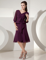 Brautmutterkleider Etui- Abendkleider für Hochzeit Pflaume Günstige Abendkleider Chiffon V-Ausschnitt Hochzeit knielang Langarm mit Reißverschluss