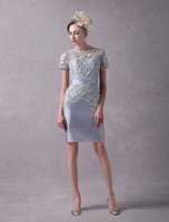 Brautmutterkleider Etui- Abendkleider für Hochzeit Spitze Kleider für Hochzeitsgäste Hellgrau Kurzarm mit Bateau-Kragen Mini-Kleid und Reißverschluss
