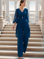Brautmutterkleider Jumpsuit Abendkleider für Hochzeit Blaugrün Chiffon V-Ausschnitt Hochzeit bodenlang 1/2 Ärmel mit Reißverschluss