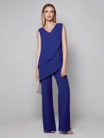 Brautmutterkleider Jumpsuit Abendkleider für Hochzeit Chiffon Königsblau ärmellos Hochzeit V-Ausschnitt bodenlang mit Reißverschluss