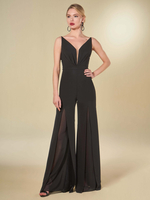 Brautmutterkleider Jumpsuit Abendkleider für Hochzeit Chiffon Schwarz Langarm Hochzeit V-Ausschnitt bodenlang