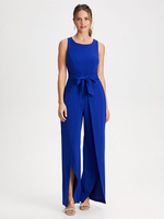 Brautmutterkleider Jumpsuit Abendkleider für Hochzeit Königsblau Elastic Crepe mit Rundkragen Hochzeit bodenlang ärmellos und Reißverschluss