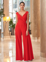Brautmutterkleider Jumpsuit Abendkleider für Hochzeit Rot Elastic Crepe V-Ausschnitt Hochzeit bodenlang ärmellos mit Reißverschluss