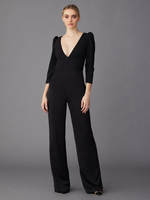 Brautmutterkleider Jumpsuit Abendkleider für Hochzeit Schwarz Elastic Crepe V-Ausschnitt Hochzeit bodenlang Langarm