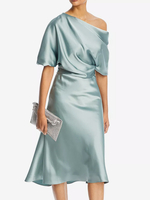 Brautmutterkleider Kurz Abendkleider für Hochzeit Babyblau Elastische Kunstseide Einschulter Hochzeit knielang Kurzarm mit Reißverschluss