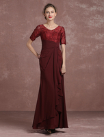 Brautmutterkleider Mermaid- Abendkleider für Hochzeit Chiffon Abendkleider Burgunderrot 1/2 Ärmel V-Ausschnitt bodenlang mit Reißverschluss