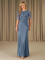 Brautmutterkleider Mermaid- Abendkleider für Hochzeit Chiffon Graublau 1/2 Ärmel Hochzeit und Rundkragen knöchellang und Reißverschluss und Spitzen