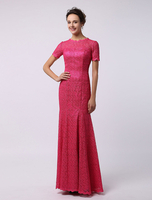 Brautmutterkleider Mermaid- Abendkleider für Hochzeit Fuchsienrosa Spitze mit Rundkragen Hochzeit knöchellang Kurzarm und Reißverschluss