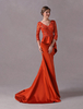 Brautmutterkleider Mermaid- Abendkleider für Hochzeit Kaminrot Satingewebe V-Ausschnitt Hochzeit Mit Schleppe 3/4 Ärmel mit Reißverschluss