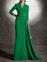 Brautmutterkleider Mermaid- Abendkleider für Hochzeit Satingewebe Grün 3/4 Ärmel Hochzeit V-Ausschnitt bodenlang mit Reißverschluss und Falten