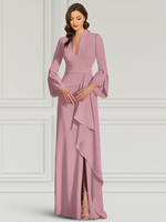 Brautmutterkleider Mermaid- Abendkleider für Hochzeit Satingewebe Königsblau Langarm Hochzeit V-Ausschnitt mit Schleppe Knöpfe und Rüschen