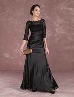 Brautmutterkleider Mermaid- Abendkleider für Hochzeit Schwarz Abendkleider Spitze mit Rundkragen Hochzeit bodenlang 1/2 Ärmel und Reißverschluss