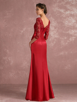 Brautmutterkleider Mermaid- Abendkleider für Hochzeit Spitze Abendkleider Burgunderrot Hochzeit 3/4 Ärmel mit Rundkragen bodenlang und Falten