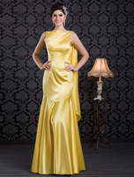 Brautmutterkleider Mermaid- Abendkleider für Hochzeit Stretch Satin Günstige Abendkleider Hellgolden mit Bateau-Kragen bodenlang