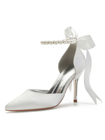 Brautschuhe Satin White Spitzschuh Perlen beugen zurück Stöckelabsatz Ankle-Partei-Schuhe