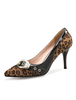 Brown High Heels Frauen Spitz Zehe Wildleder Patch Metall Buckled Leopard Print Stiletto Slip On Pumps