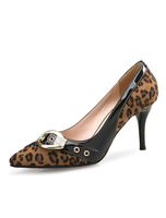 Brown High Heels Frauen Spitz Zehe Wildleder Patch Metall Buckled Leopard Print Stiletto Slip On Pumps