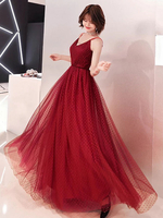 Burgund Ballkleider Tüll Langer V-Ausschnitt Maxi Formelle Partykleid