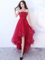 Burgund Homecoming Kleid Spitze Ärmellos trägerlosen Applique A Line Party Kleider High Low Tulle Asymmetrische Ballkleider