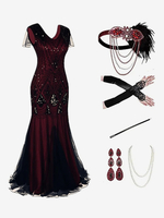 Burgund Retro Kostüme Damen Marie Antoinette Kostüm Fransen Pailletten Polyester Set Kleid Zubehör Retro Party Ballkleid